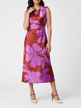 Liz Claiborne Satin Floral Midi A-Line Dress L Brown Purple Sleeveless NWT